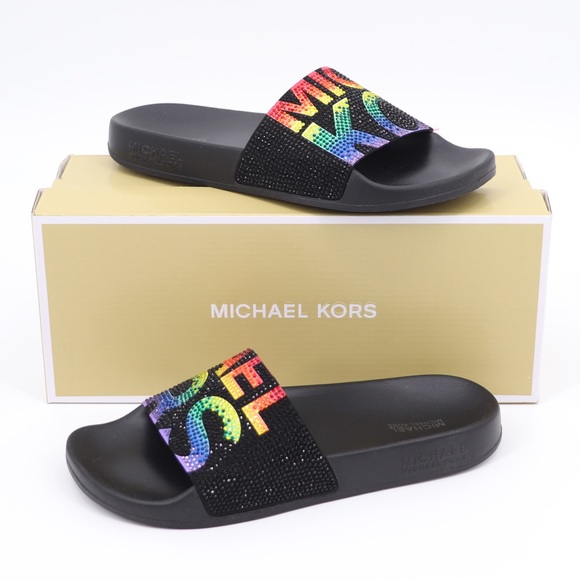 Michael Kors 6 Gilmore Embellished Slide Sandals Black Multi - Picture 2 of 16